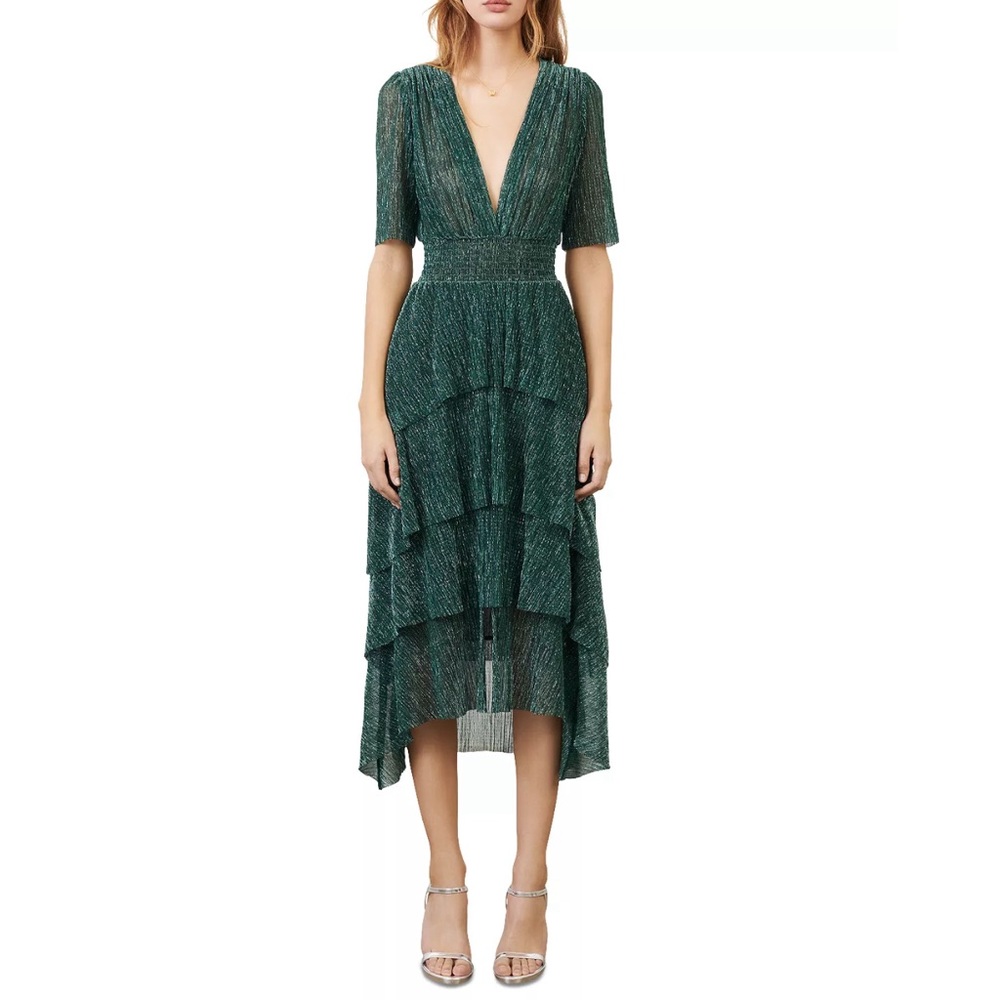 Maje Emerald Green Lurex Ruffle Midi Dress Smocked Waist Metallic Size M
